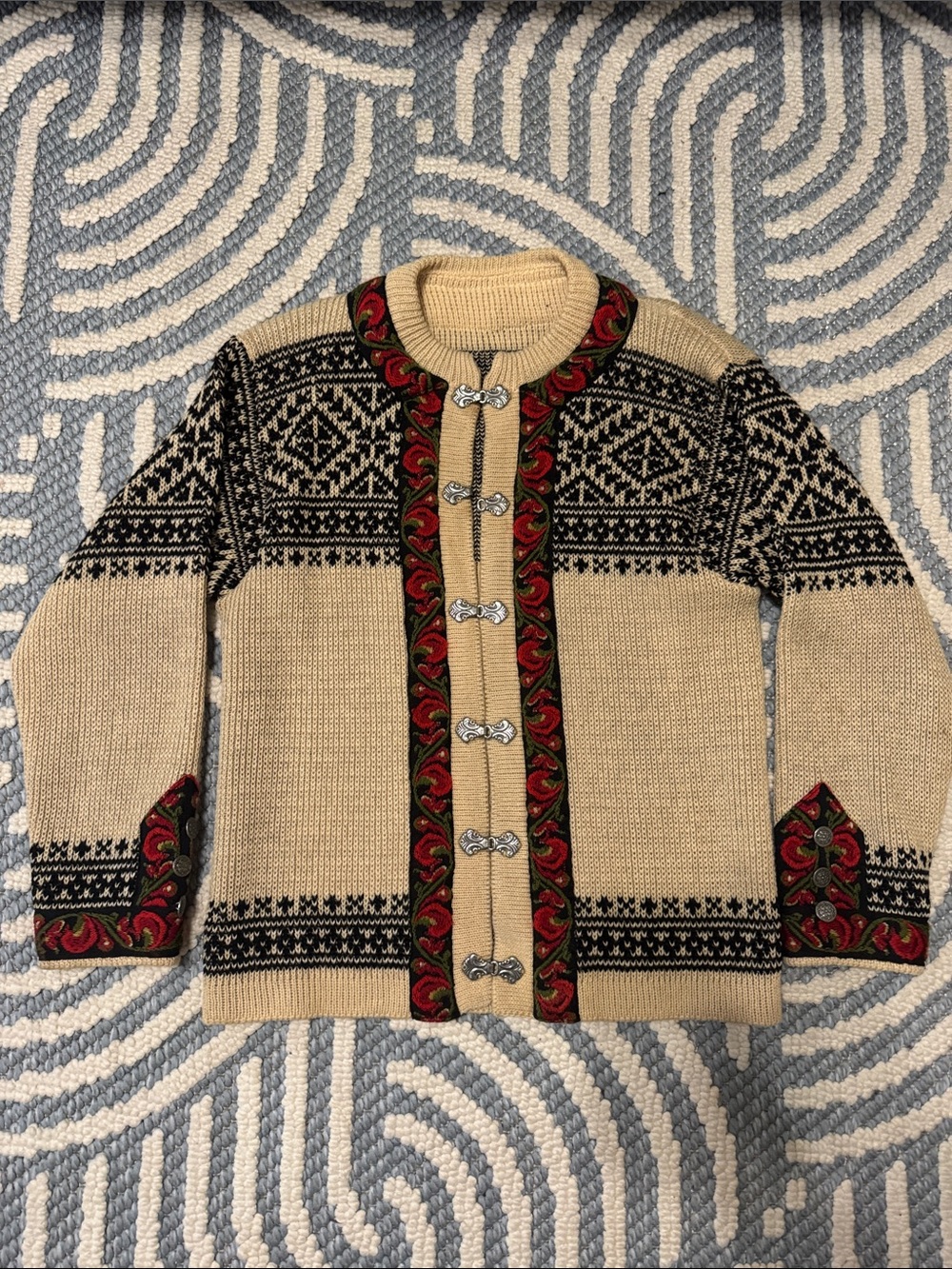 Vintage Setesdal Style Norwegian Cardigan Floral Trim Metal Clasps